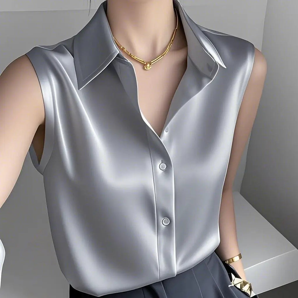 Dames Mouwloze Satijnen Blouse met Gestructureerde Kraag en Getailleerde Pasvorm – Elegante Top van Kantoor tot Avond