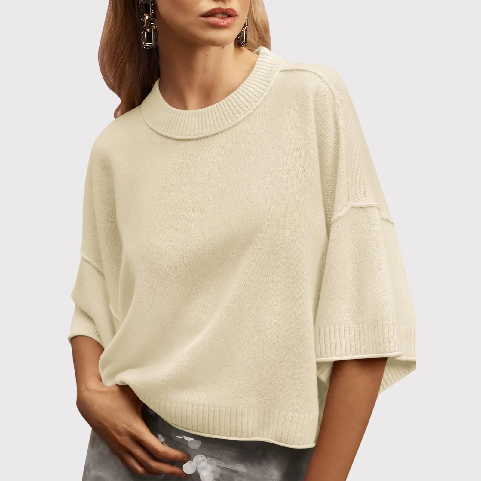 Dames Casual Oversized Korte Mouw Gebreide Top – Losse Pasvorm Ronde Hals Trui Blouse