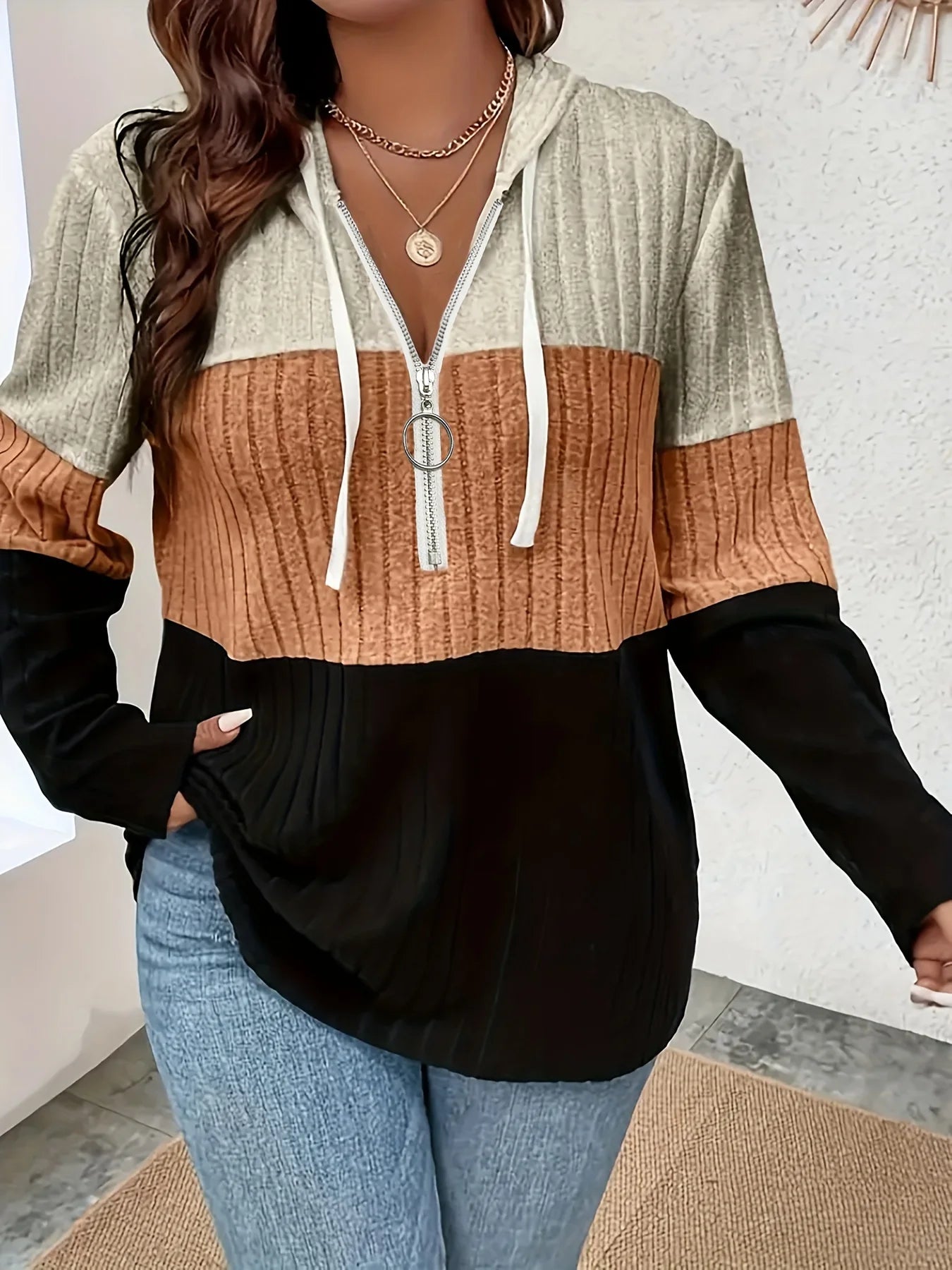 Plus Size Dames Hooded Gebreide Rib Cardigan Sweatshirt – Comfortabel & Trendy Vest met Capuchon