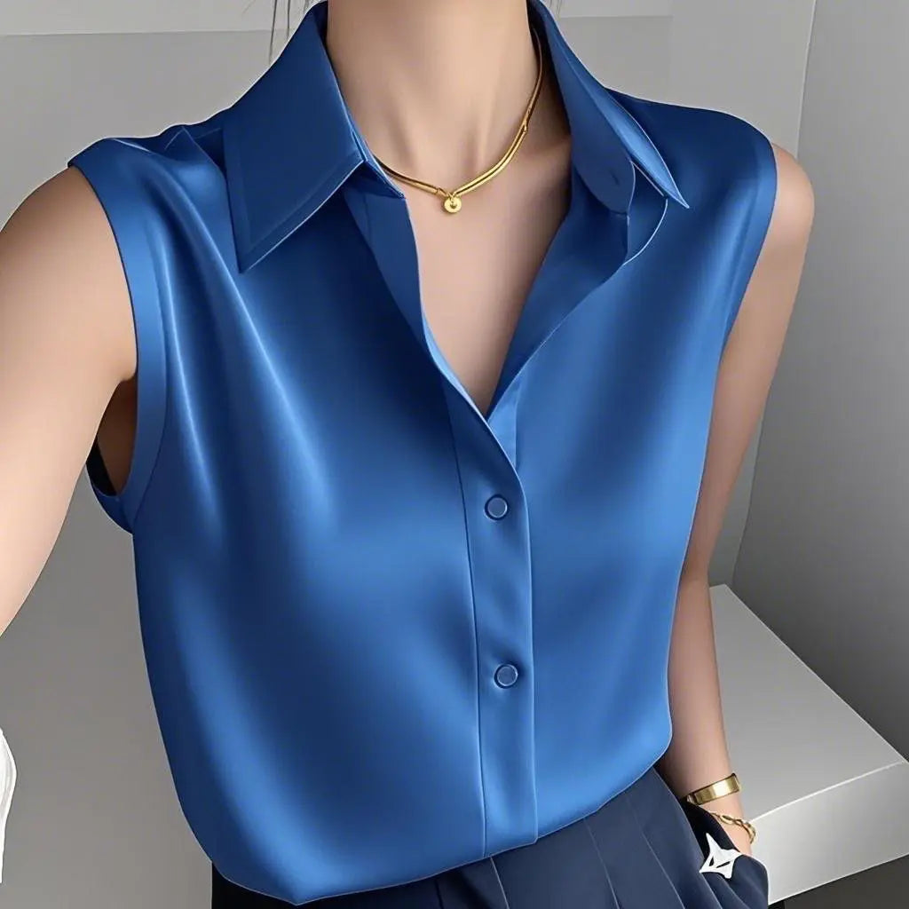 Dames Mouwloze Satijnen Blouse met Gestructureerde Kraag en Getailleerde Pasvorm – Elegante Top van Kantoor tot Avond