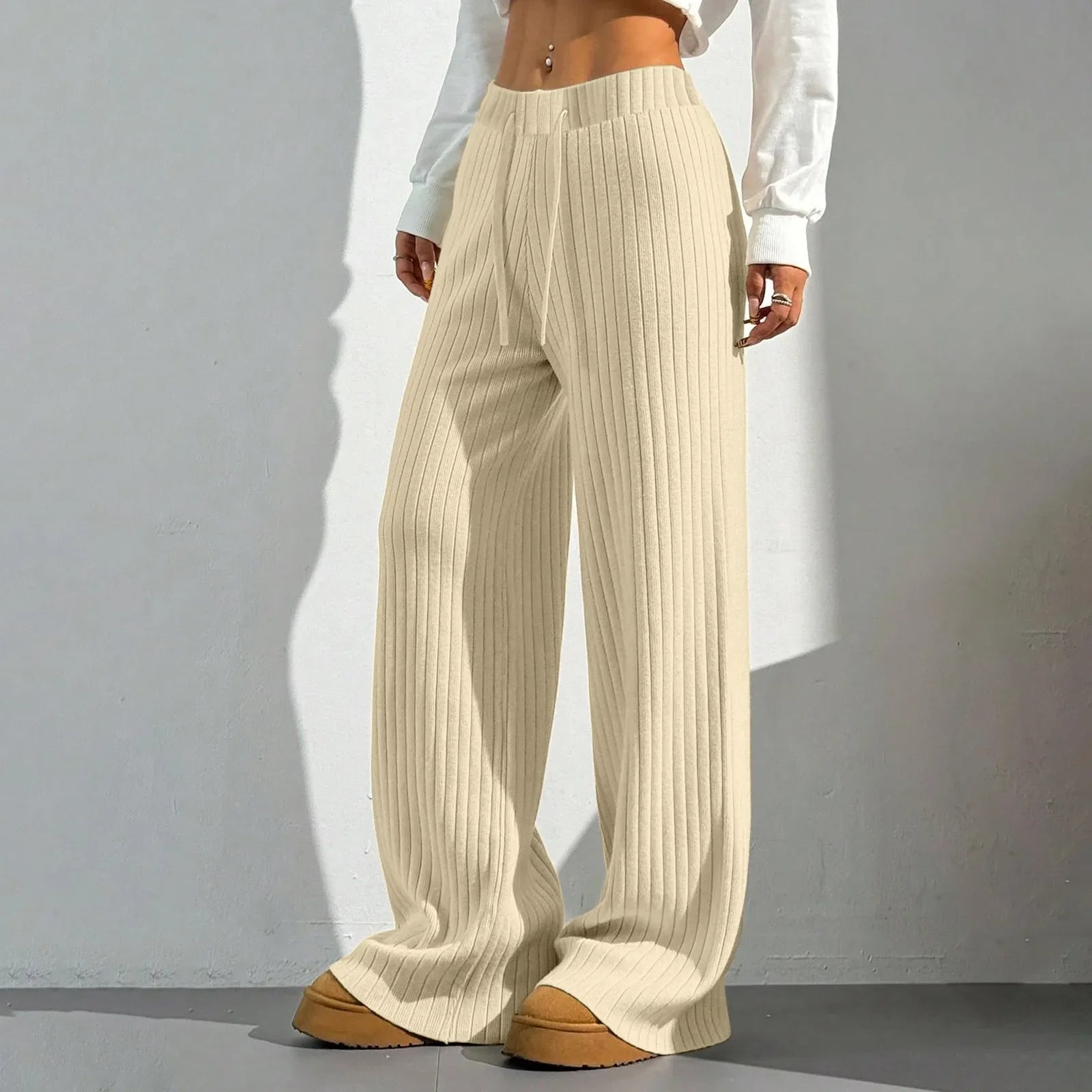 Ribbroek Dames – Comfortabele Wide Leg Lounge Pants met Elastische Taille