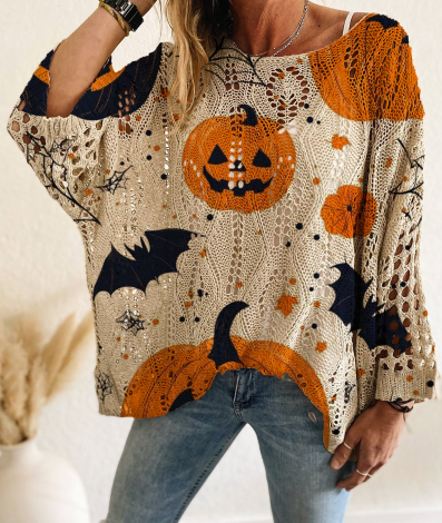 Haunted Knit Sweater – Knusse Halloween Trui met Pompoen, Vleermuis & Spinnenweb Design