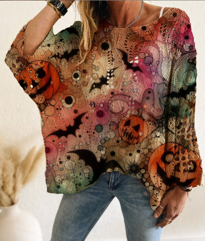 Haunted Knit Sweater – Knusse Halloween Trui met Pompoen, Vleermuis & Spinnenweb Design