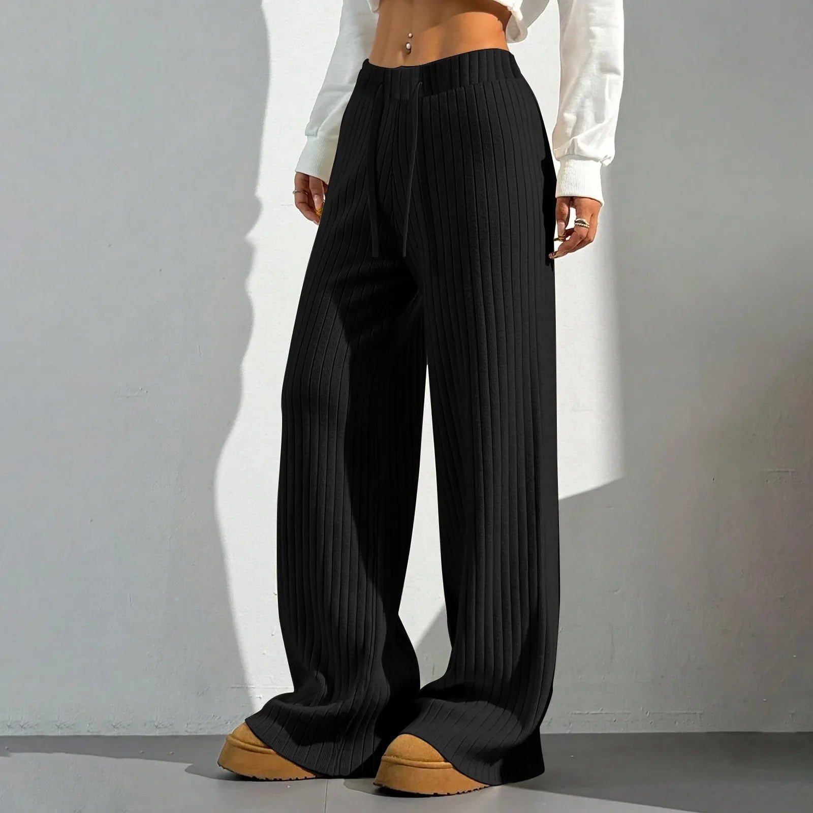 Ribbroek Dames – Comfortabele Wide Leg Lounge Pants met Elastische Taille