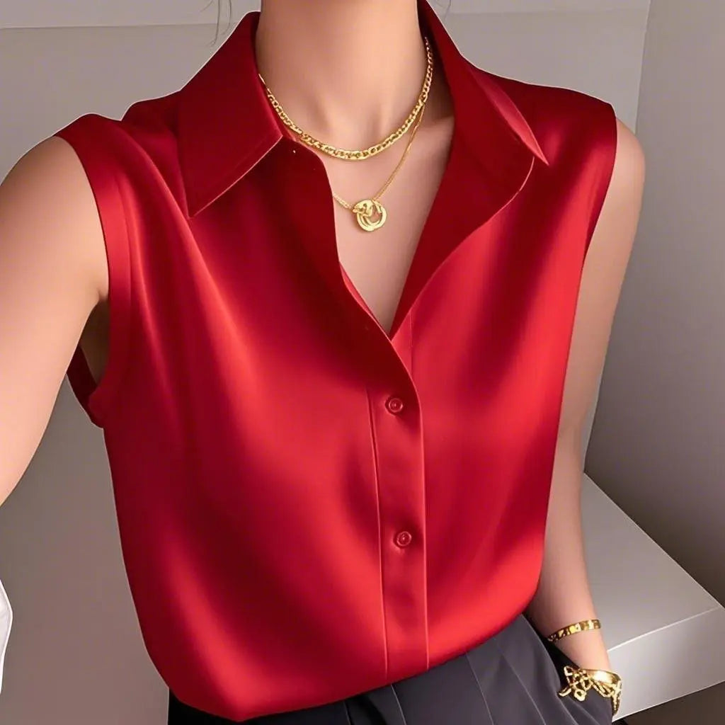 Dames Mouwloze Satijnen Blouse met Gestructureerde Kraag en Getailleerde Pasvorm – Elegante Top van Kantoor tot Avond