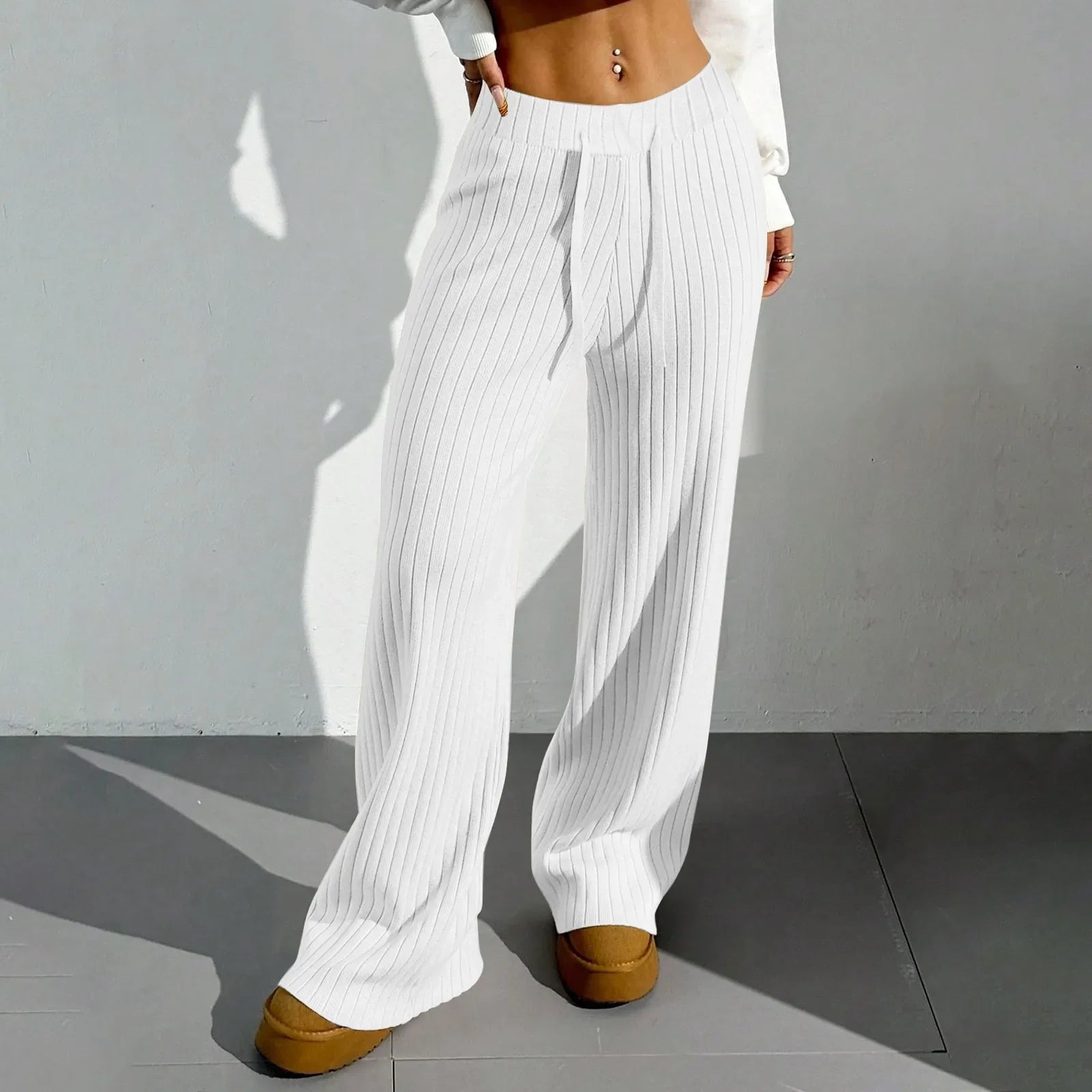 Ribbroek Dames – Comfortabele Wide Leg Lounge Pants met Elastische Taille