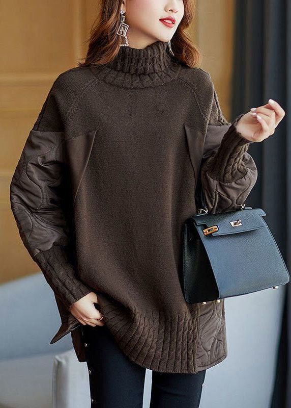 Chocoladekleurige Coltrui Patchwork Trui – Losse en Comfortabele Herfsttrui