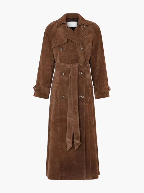Dames Lange Suède Trenchcoat – Luxe Doorgestikte Jas met Ceintuur