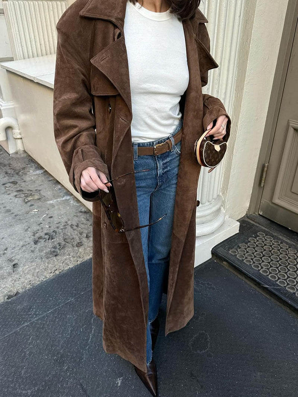 Dames Lange Suède Trenchcoat – Luxe Doorgestikte Jas met Ceintuur