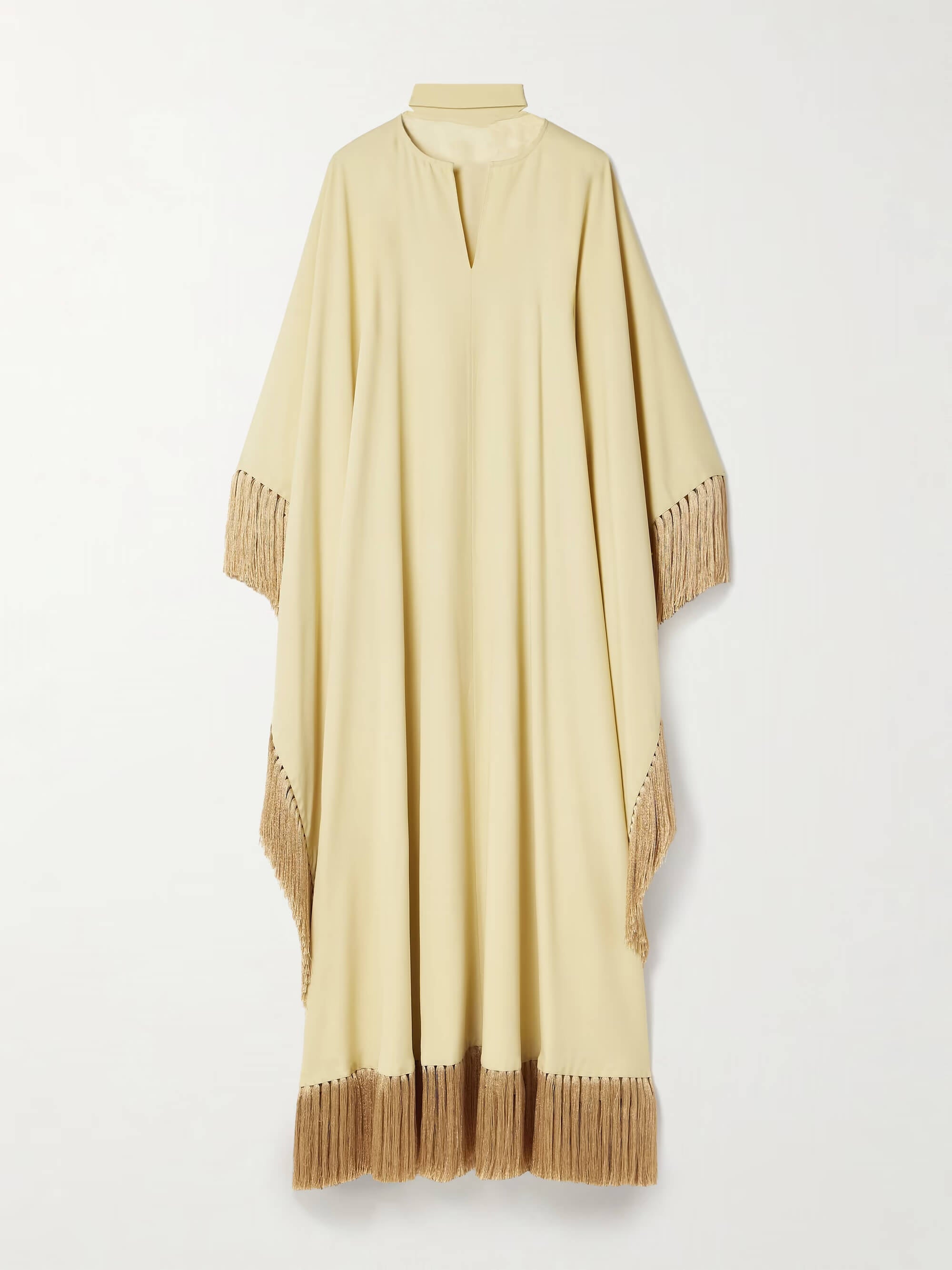 Luxe Geplooide Crepe Kaftan met Franjes – Elegante Maxi Jurk met Satijnen Halsstrik