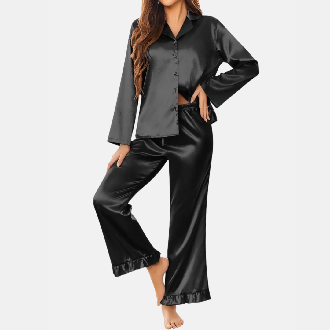 Zachte Satijnen Dames Pyjama Set – 2-Delige Loungewear met Lange Mouwen & Knoopsluiting