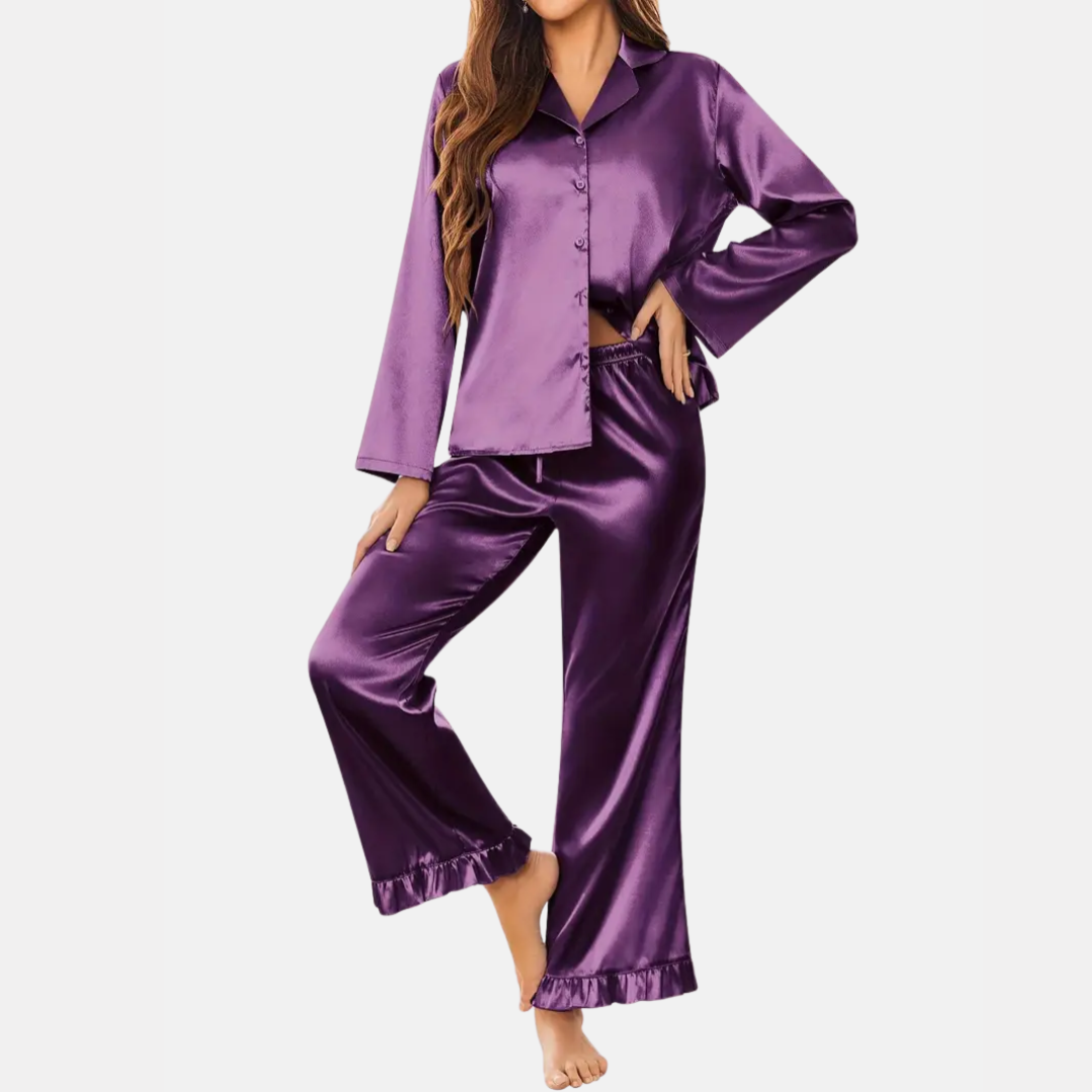Zachte Satijnen Dames Pyjama Set – 2-Delige Loungewear met Lange Mouwen & Knoopsluiting