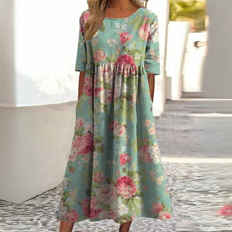 Floral Midi Jurk – Elegante Bloemenjurk met Comfortabele Buikbedekking