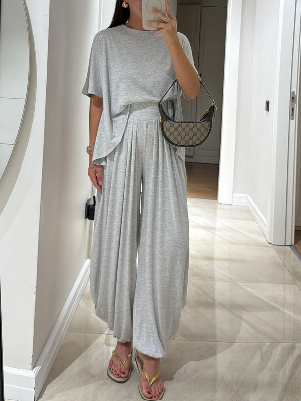 Lichtgrijze Casual Set – Comfortabele Top & Wijde Broek voor Stijlvolle Loungewear