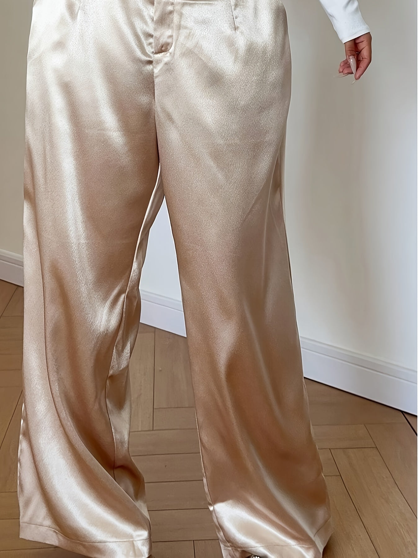 Dames Satijnen Broek in Grote Maten – Elegante Gouden Rechte Broek met Zakken