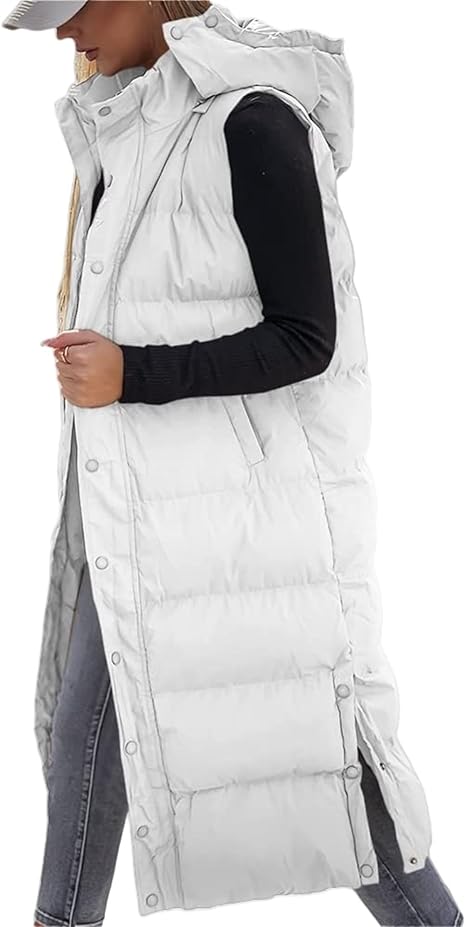 Warme Lange Gewatteerde Bodywarmer voor Dames – Mouwloos Vest met Capuchon en Zijsplitten