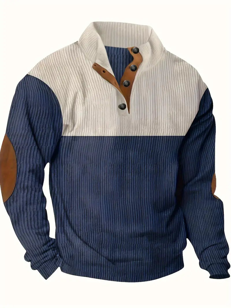 Heren Trui met Contrasterende Kraag en Knopen – Casual Pullover met Elleboogstukken, Warme Gebreide Trui voor Herfst en Winter