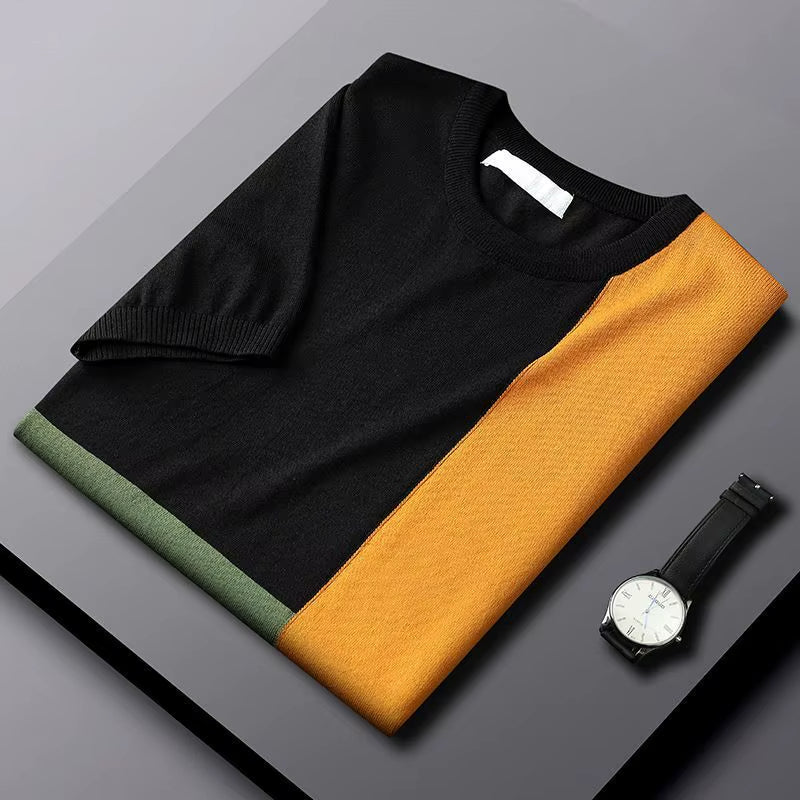 Colorblock Shirt voor Heren – Stijlvol Stretch-Knit T-shirt met Geometrisch Design