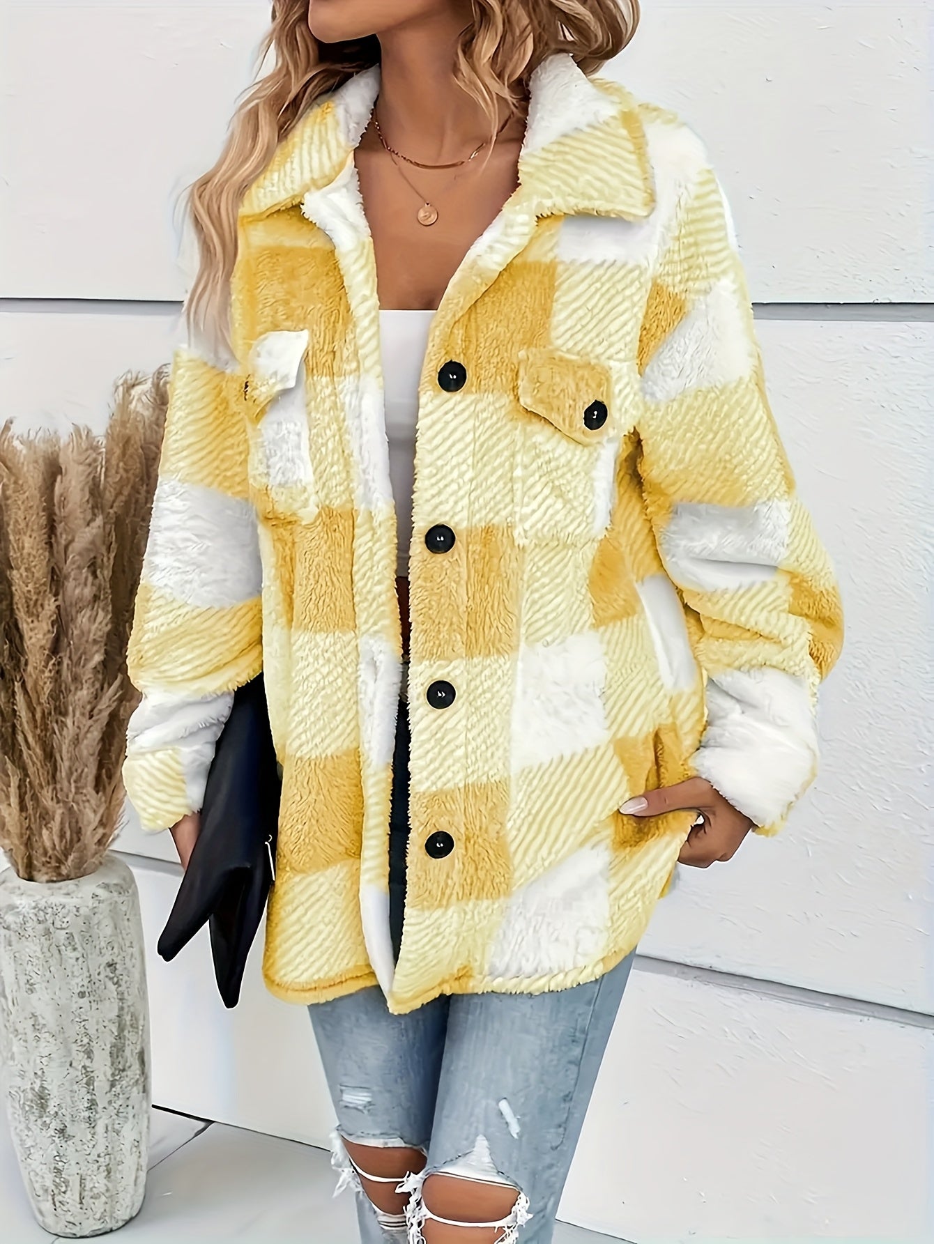 Dames Geruite Fleece Jas – Warme Geruite Overhemdjas met Lange Mouwen voor de Winter