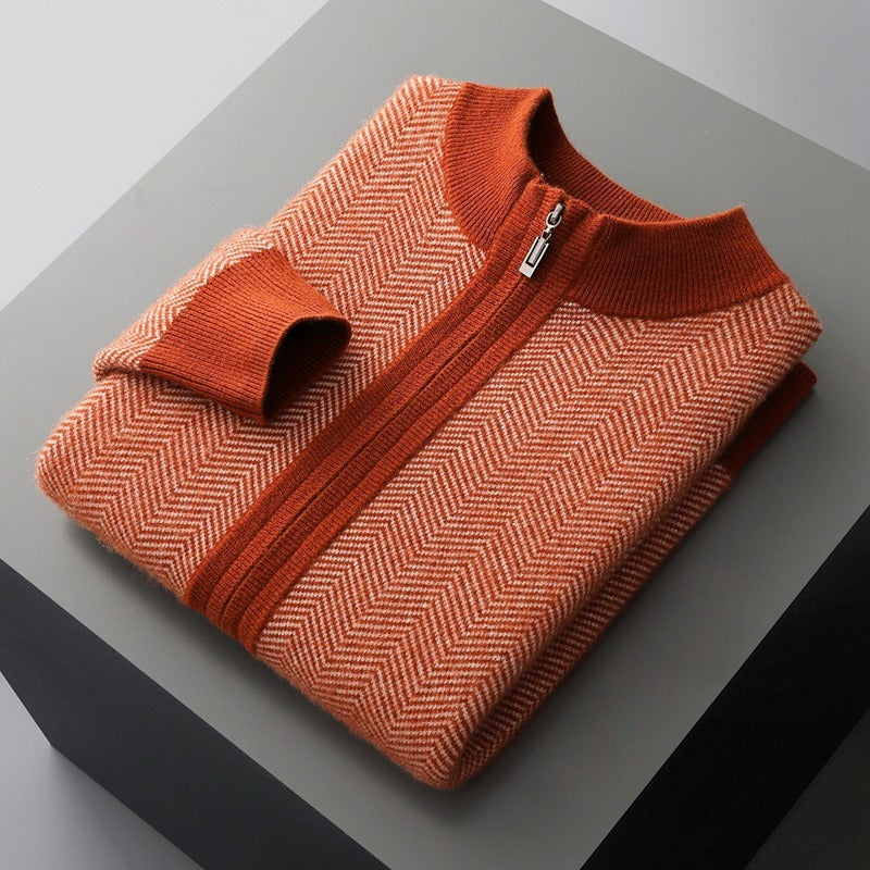 Wollen Cardigan – Luxe Merinowol met Subtiel Chevronpatroon en Ritssluiting