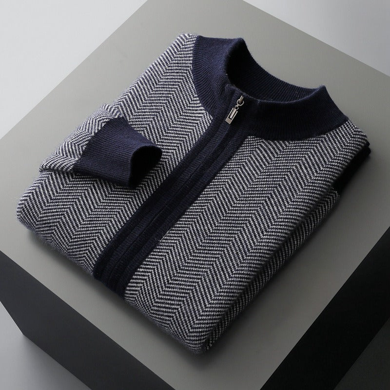 Wollen Cardigan – Luxe Merinowol met Subtiel Chevronpatroon en Ritssluiting