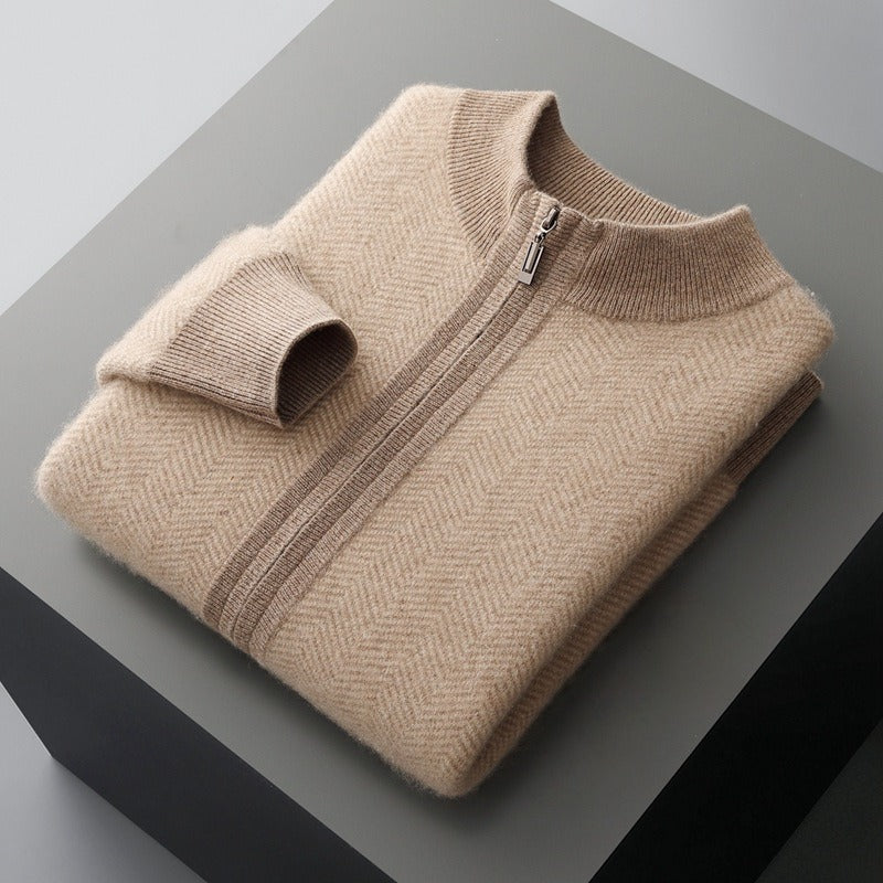Wollen Cardigan – Luxe Merinowol met Subtiel Chevronpatroon en Ritssluiting