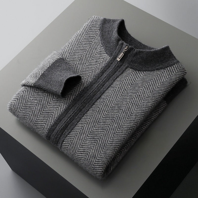 Wollen Cardigan – Luxe Merinowol met Subtiel Chevronpatroon en Ritssluiting