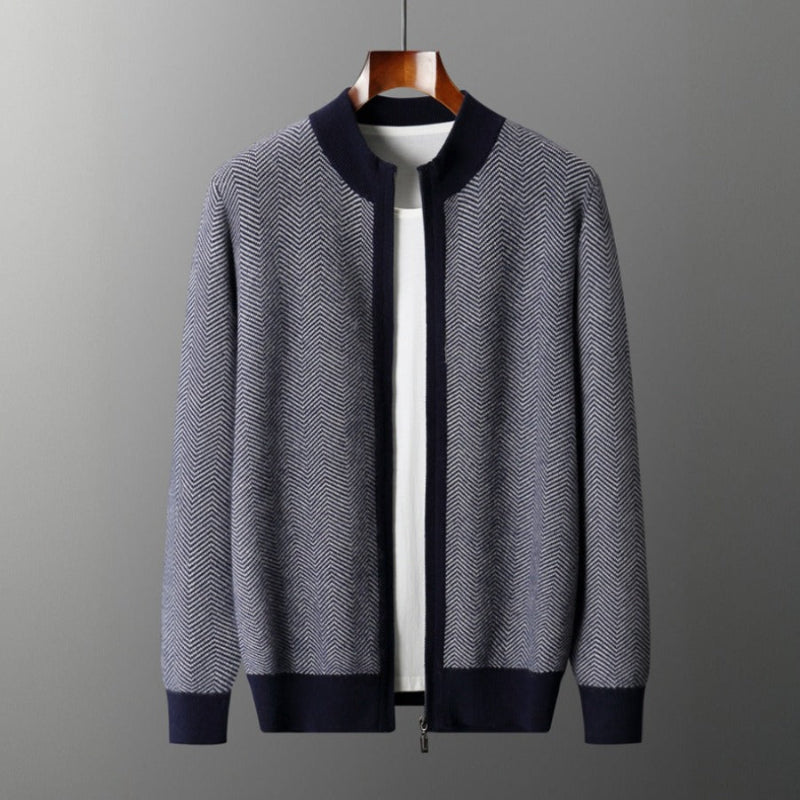 Wollen Cardigan – Luxe Merinowol met Subtiel Chevronpatroon en Ritssluiting