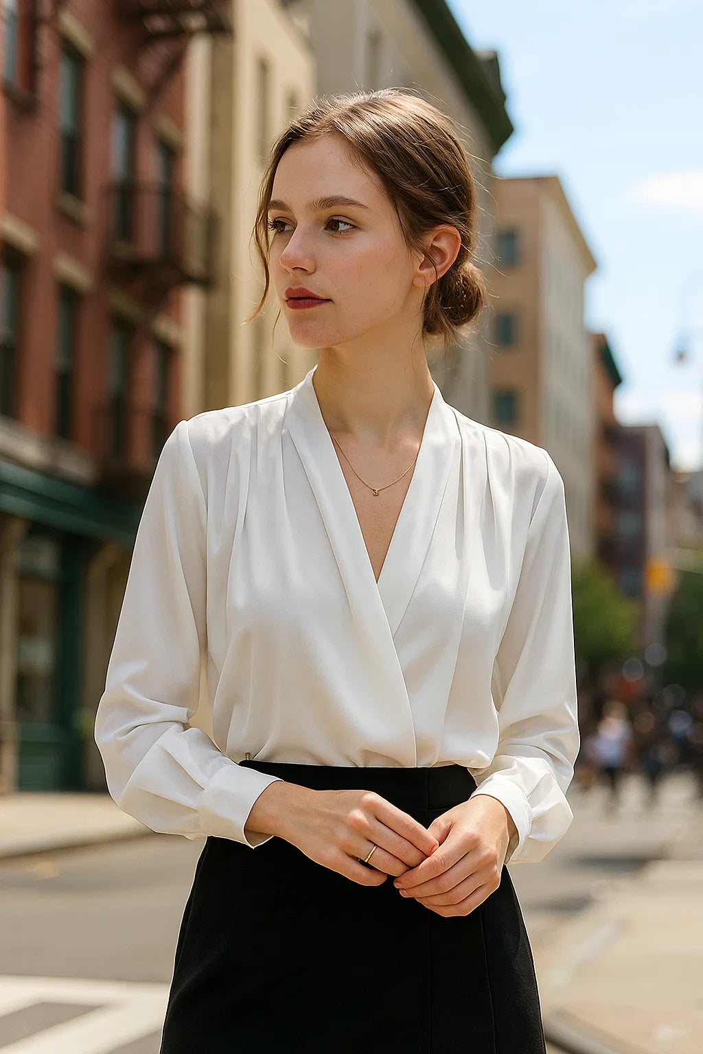 Retro Zijde Witte Blouse met Lange Mouwen – Elegante Franse Stijl en Satijnen Afwerking