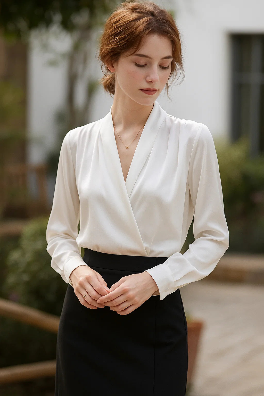 Retro Zijde Witte Blouse met Lange Mouwen – Elegante Franse Stijl en Satijnen Afwerking