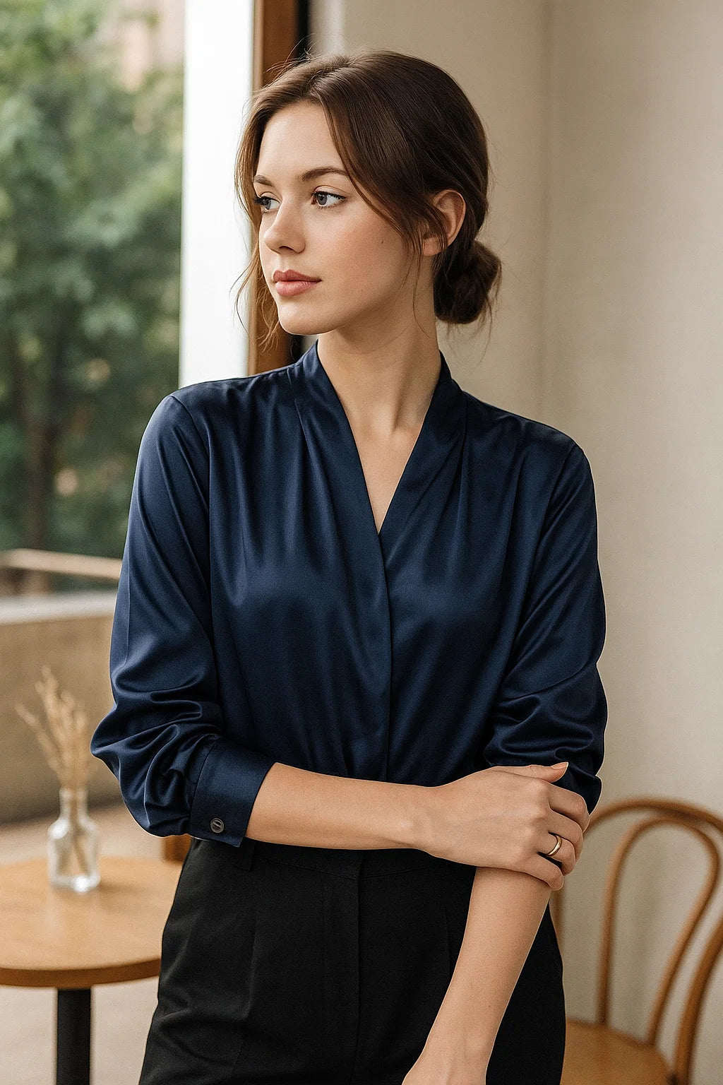 Retro Zijde Witte Blouse met Lange Mouwen – Elegante Franse Stijl en Satijnen Afwerking