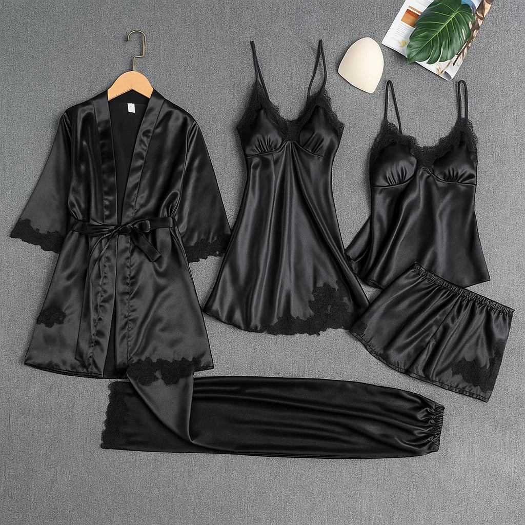 5-Delige Satijnen Slaapset met Kant – Luxe Nachtkleding voor Comfort en Stijl
