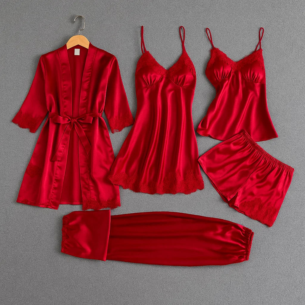 5-Delige Satijnen Slaapset met Kant – Luxe Nachtkleding voor Comfort en Stijl