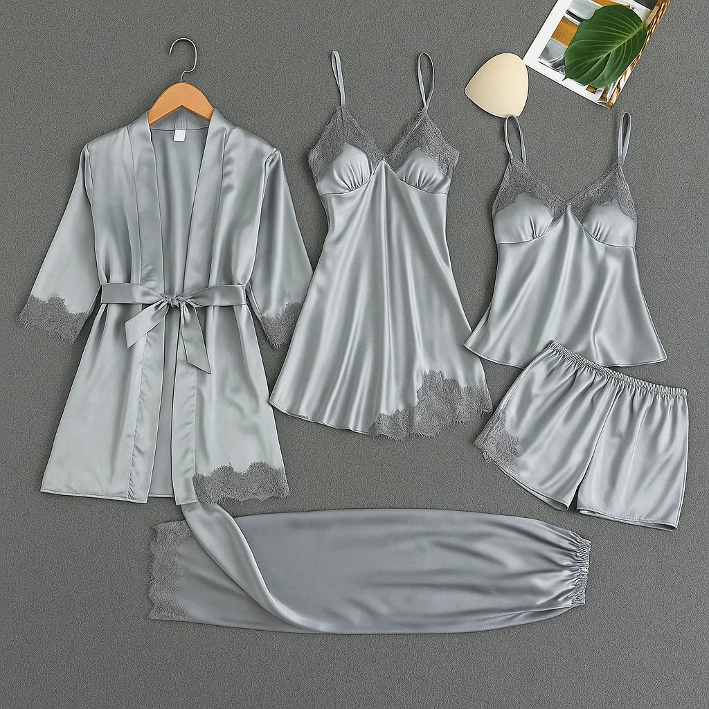 5-Delige Satijnen Slaapset met Kant – Luxe Nachtkleding voor Comfort en Stijl