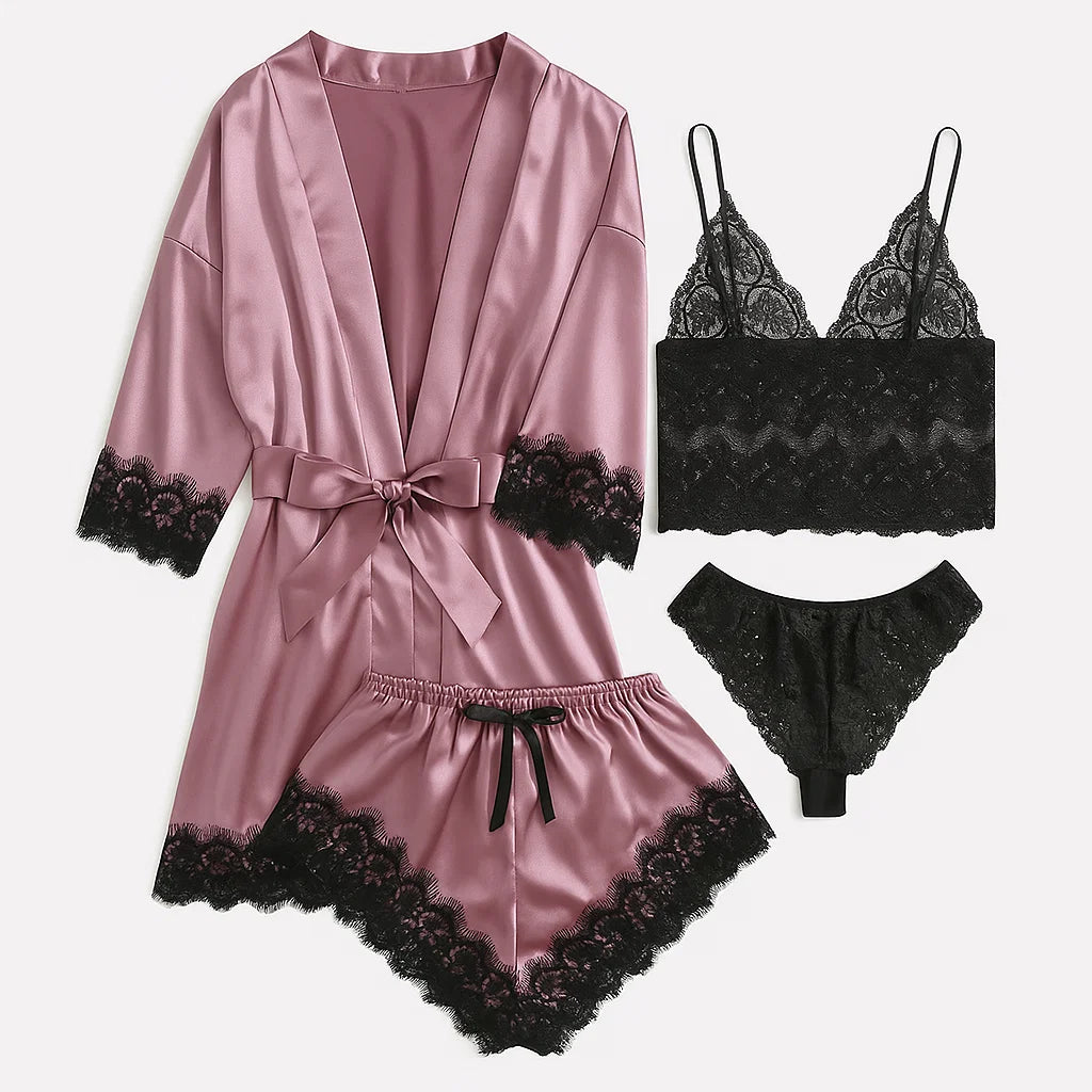 Dames Satijnen Pyjama Set met Kant – 4-Delige Nachtkleding Set met Kimono, Top, Shorts en Slip