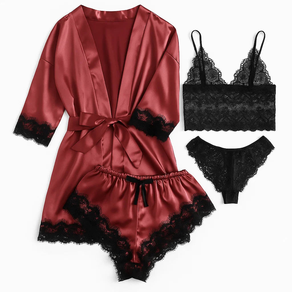 Dames Satijnen Pyjama Set met Kant – 4-Delige Nachtkleding Set met Kimono, Top, Shorts en Slip