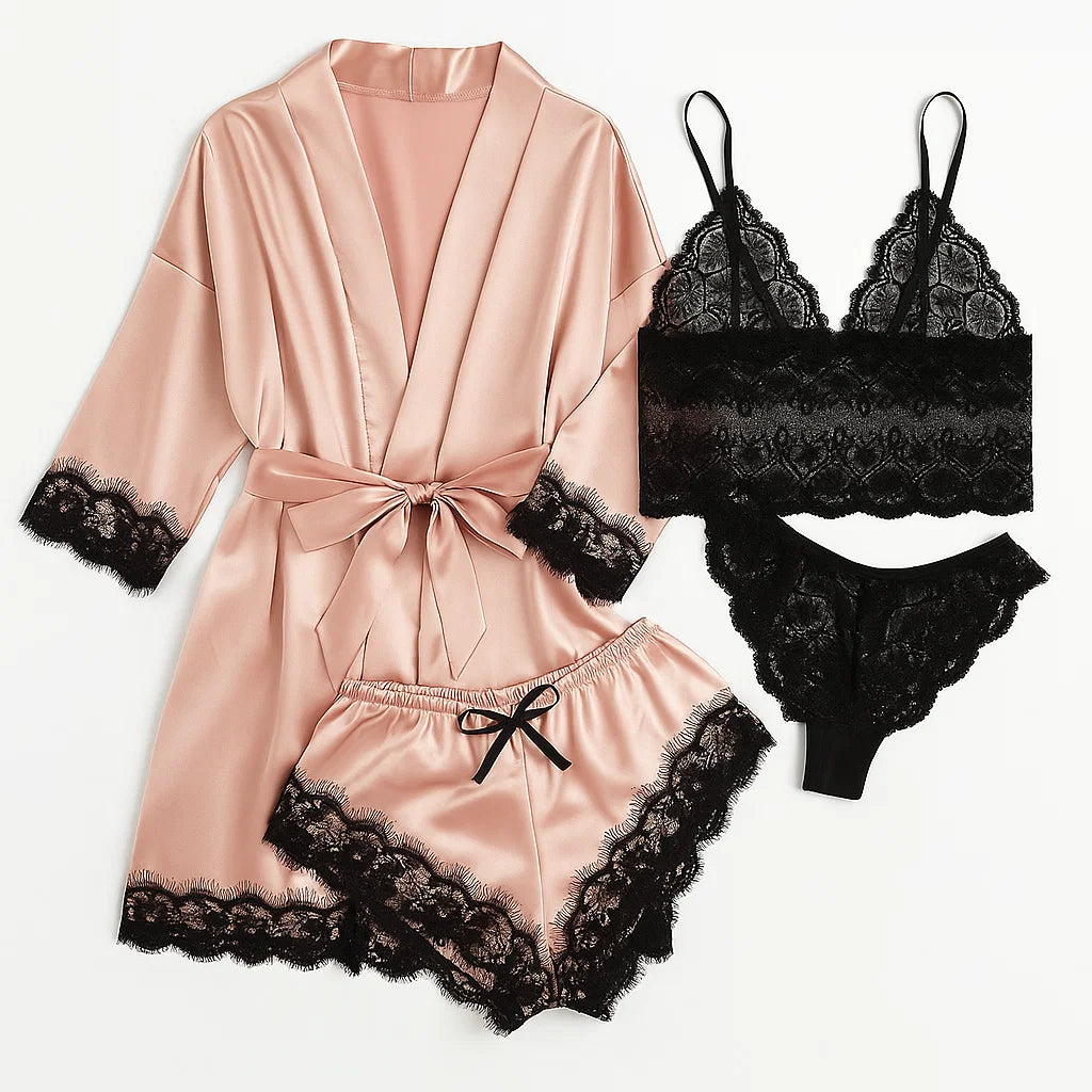 Dames Satijnen Pyjama Set met Kant – 4-Delige Nachtkleding Set met Kimono, Top, Shorts en Slip