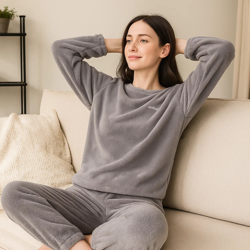 Dames Loungewear Set Fleece – Zachte Tweedelige Pyjama voor Thuis en Nachtkleding