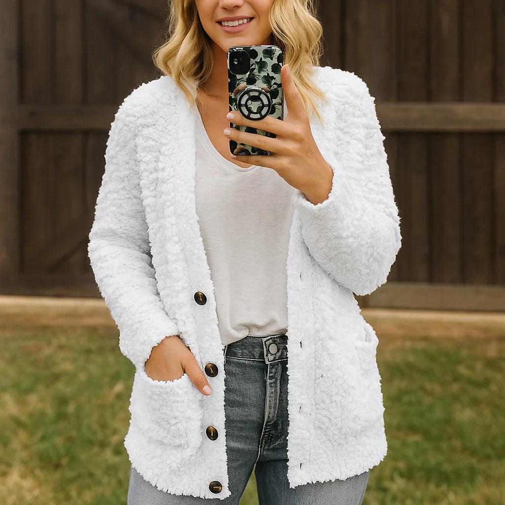 Dames Pluche Vest – Zacht Casual Jasje met Ontspannen Pasvorm en Zakken