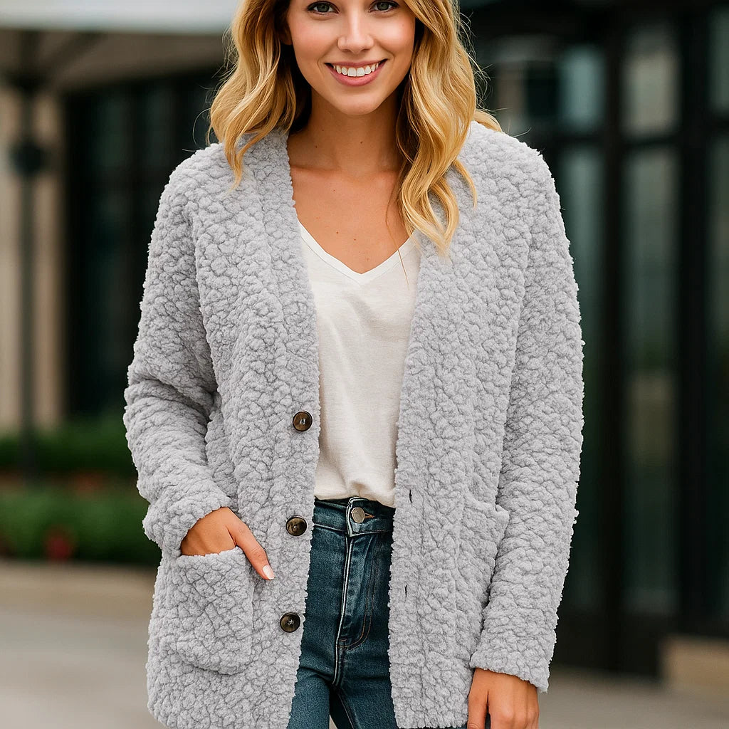 Dames Pluche Vest – Zacht Casual Jasje met Ontspannen Pasvorm en Zakken