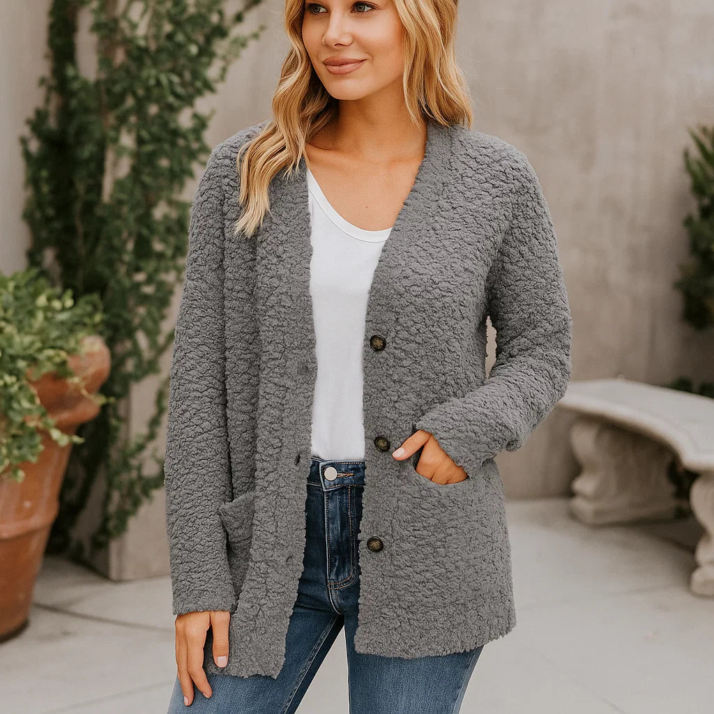 Dames Pluche Vest – Zacht Casual Jasje met Ontspannen Pasvorm en Zakken