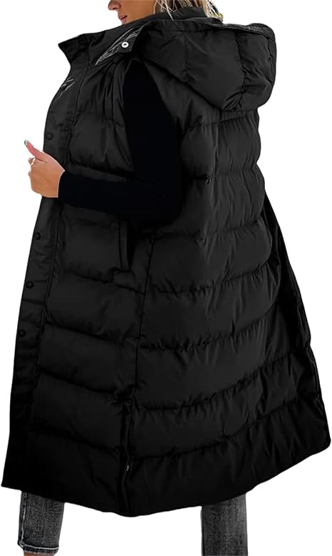 Warme Lange Gewatteerde Bodywarmer voor Dames – Mouwloos Vest met Capuchon en Zijsplitten