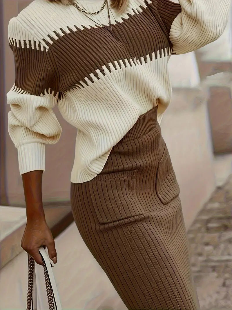 Elegante Gebreide Co-Ord Set voor Dames – Slim Fit, Zacht Panelontwerp, Alledaagse Chic