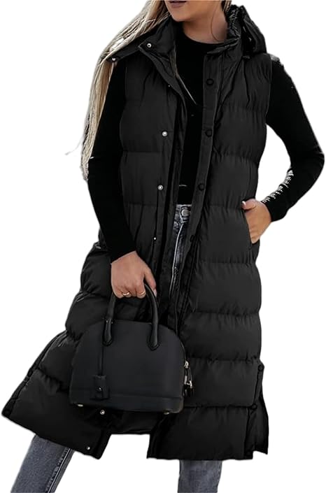 Warme Lange Gewatteerde Bodywarmer voor Dames – Mouwloos Vest met Capuchon en Zijsplitten