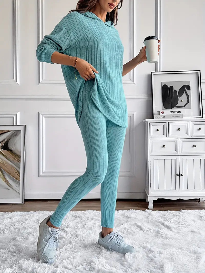 Geribde Tweedelige Loungewear Set – Oversized Hoodie met Hoge Taille Leggings