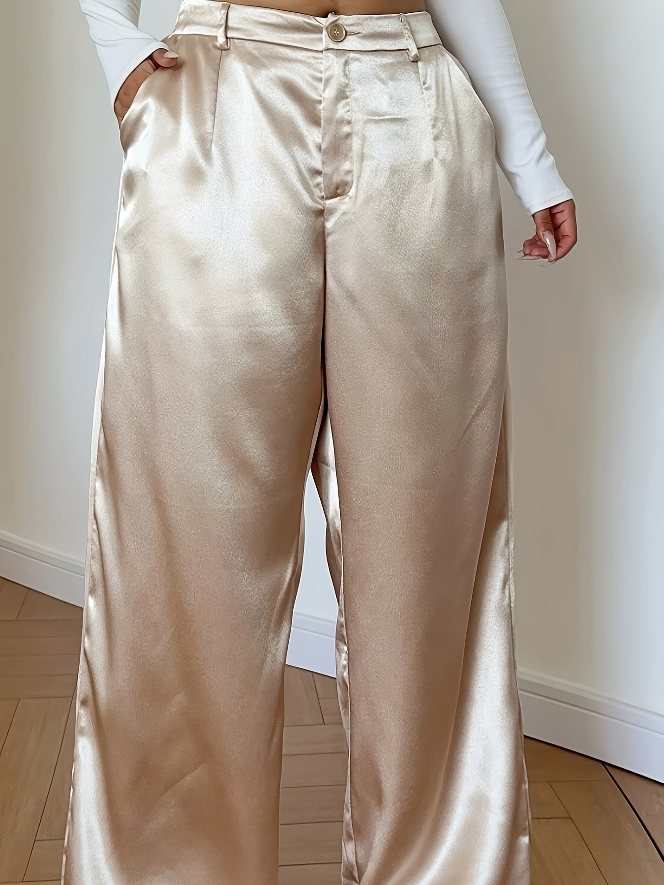 Dames Satijnen Broek in Grote Maten – Elegante Gouden Rechte Broek met Zakken