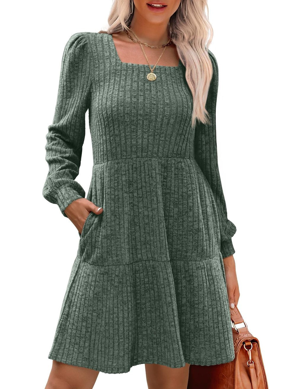 Flowy Gebreide Trui Jurk voor Dames – Casual Vierkante Hals en Lange Mouwen