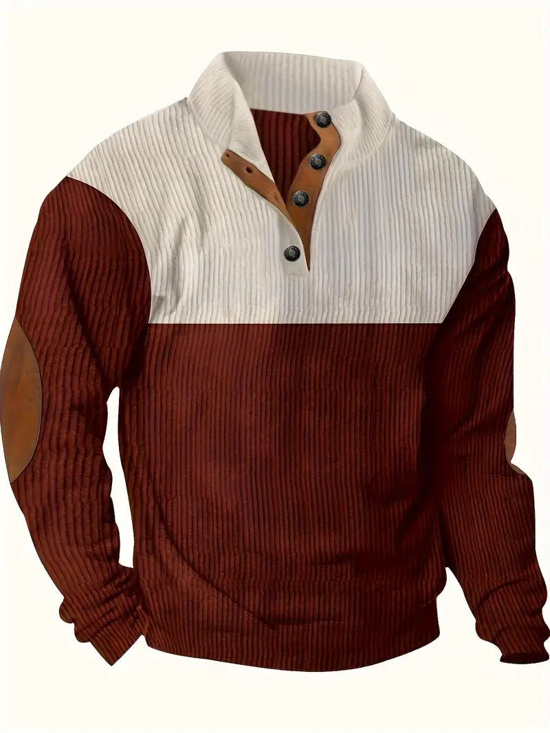 Heren Trui met Contrasterende Kraag en Knopen – Casual Pullover met Elleboogstukken, Warme Gebreide Trui voor Herfst en Winter