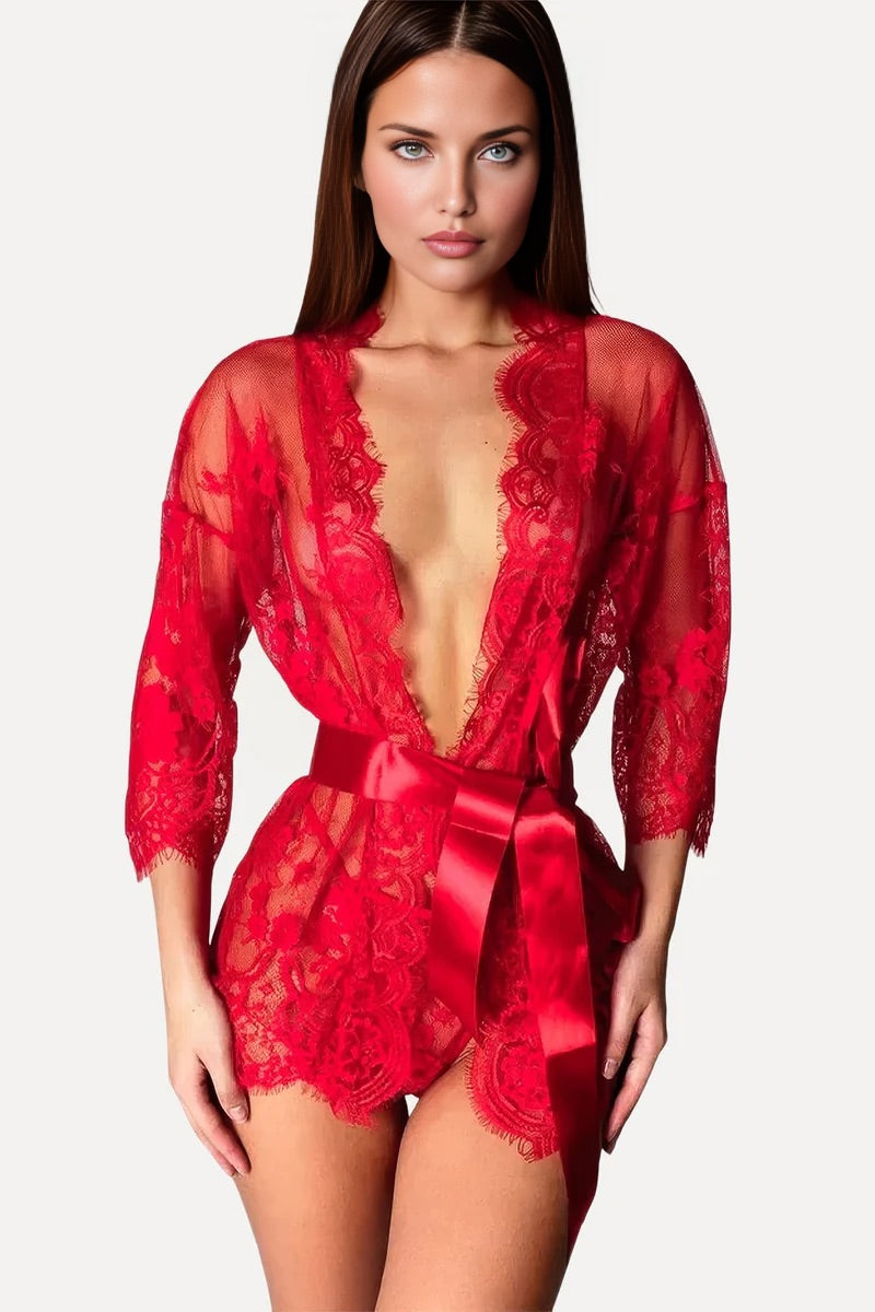 Seductive Red Lace Robe with Satin Belt