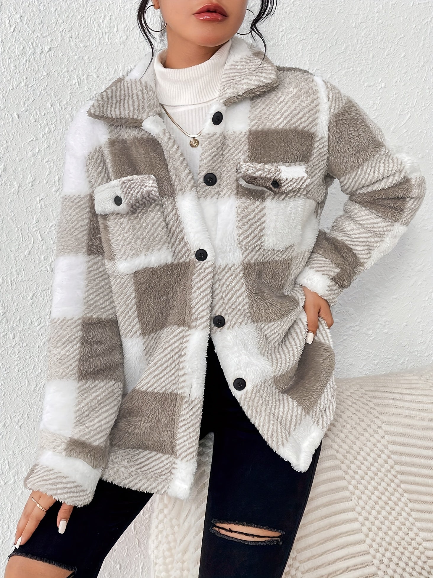 Dames Geruite Fleece Jas – Warme Geruite Overhemdjas met Lange Mouwen voor de Winter